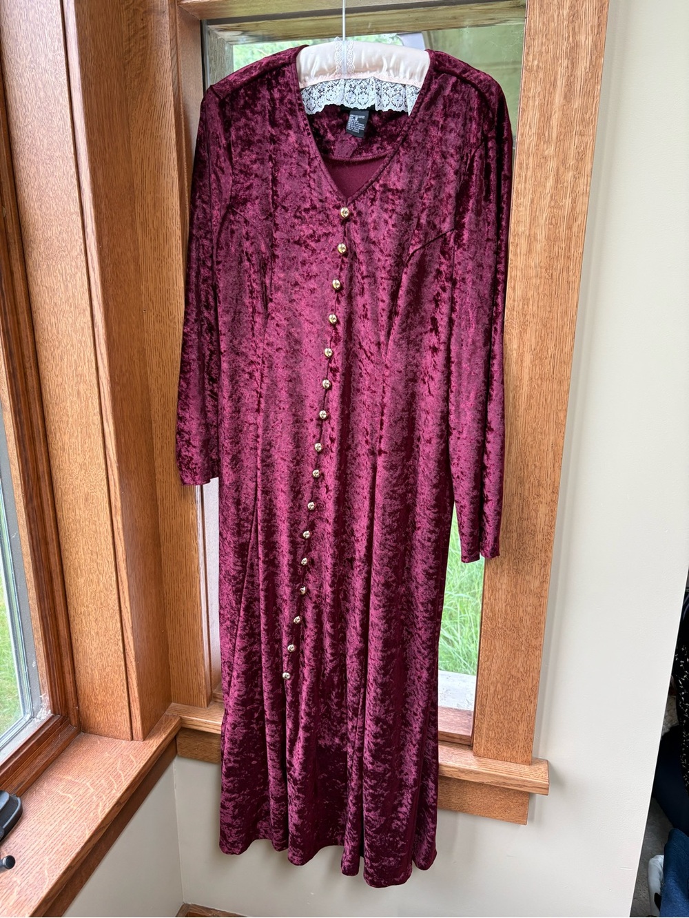 Vintage Jamie Brooke Crushed Velvet Dress ❤️ 80s Maxi Gold Buttons 16 Burgundy